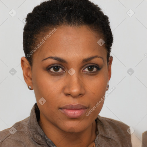 Neutral black young-adult female with short  brown hair and brown eyes