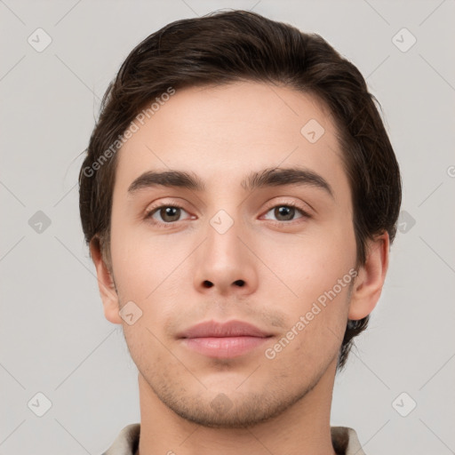 Neutral white young-adult male with short  brown hair and brown eyes