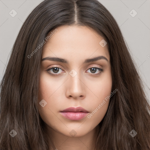 Neutral white young-adult female with long  brown hair and brown eyes