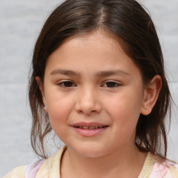 Joyful white child female with medium  brown hair and brown eyes