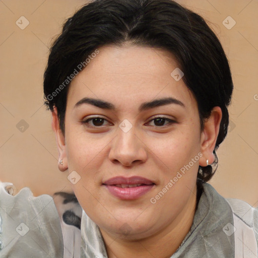 Joyful white young-adult female with medium  brown hair and brown eyes