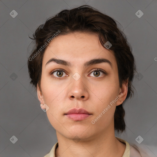 Neutral white young-adult female with medium  brown hair and brown eyes