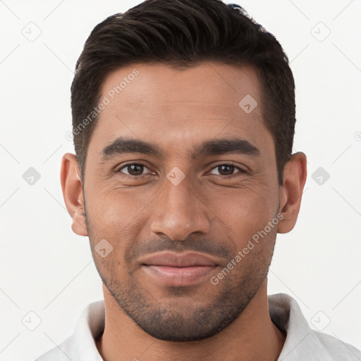 Joyful white young-adult male with short  brown hair and brown eyes