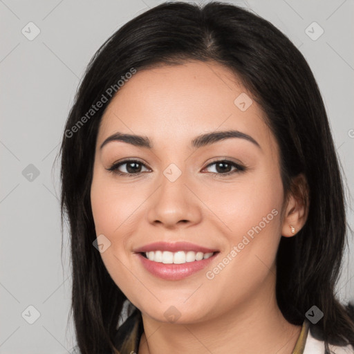 Joyful white young-adult female with long  black hair and brown eyes