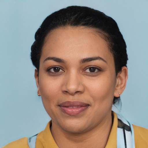 Joyful asian young-adult female with short  black hair and brown eyes