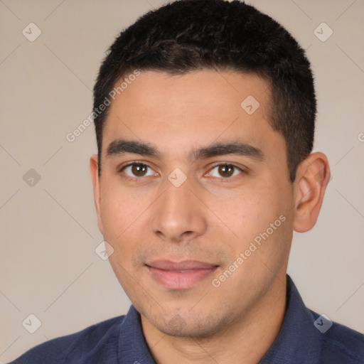 Joyful white young-adult male with short  black hair and brown eyes