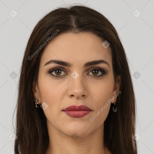 Joyful white young-adult female with long  brown hair and brown eyes