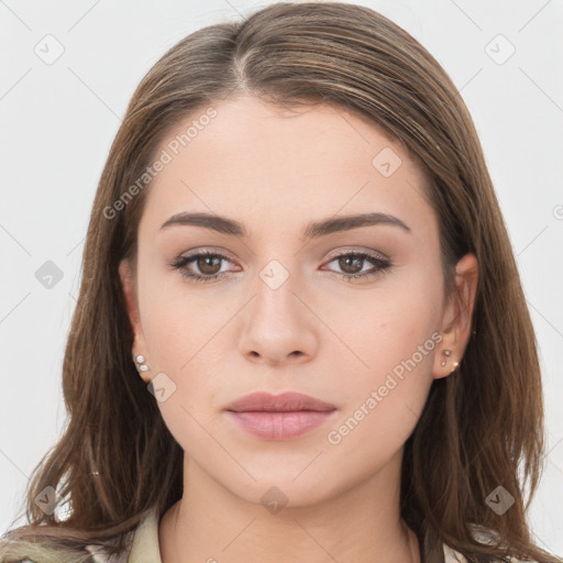 Neutral white young-adult female with long  brown hair and brown eyes