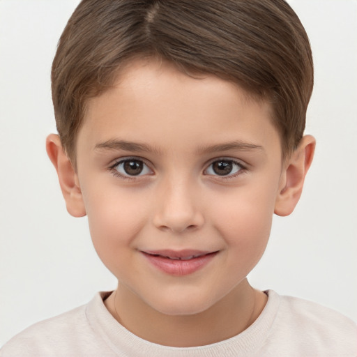 Joyful white child female with short  brown hair and brown eyes