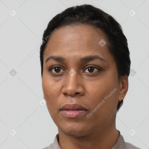 Neutral black young-adult female with short  black hair and brown eyes