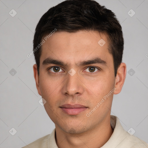 Neutral white young-adult male with short  brown hair and brown eyes