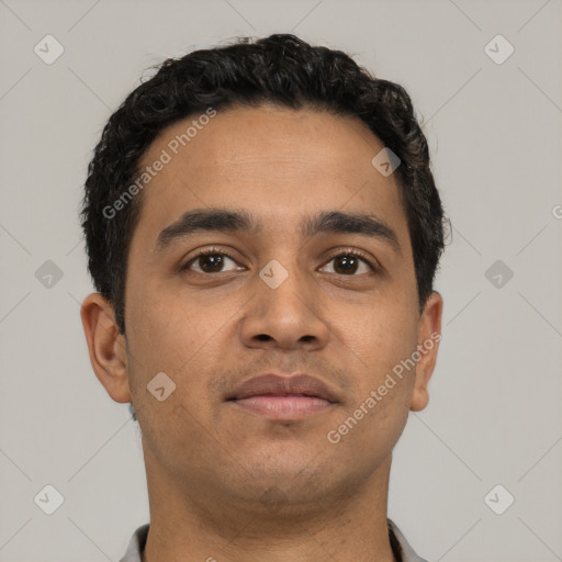 Neutral latino young-adult male with short  black hair and brown eyes