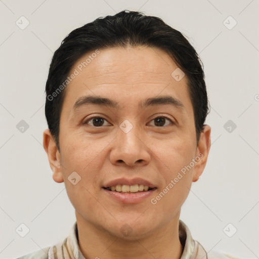 Joyful white adult male with short  brown hair and brown eyes