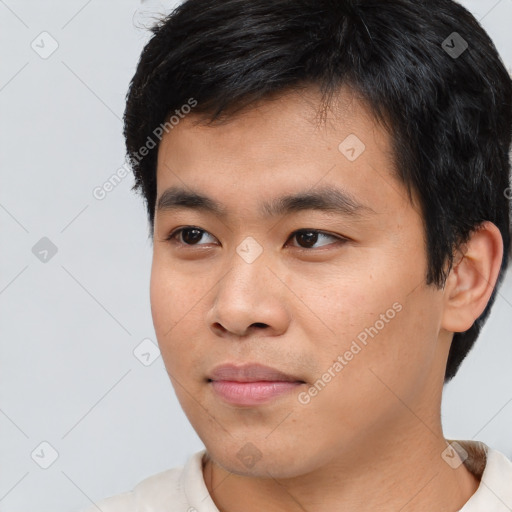 Neutral asian young-adult male with short  black hair and brown eyes