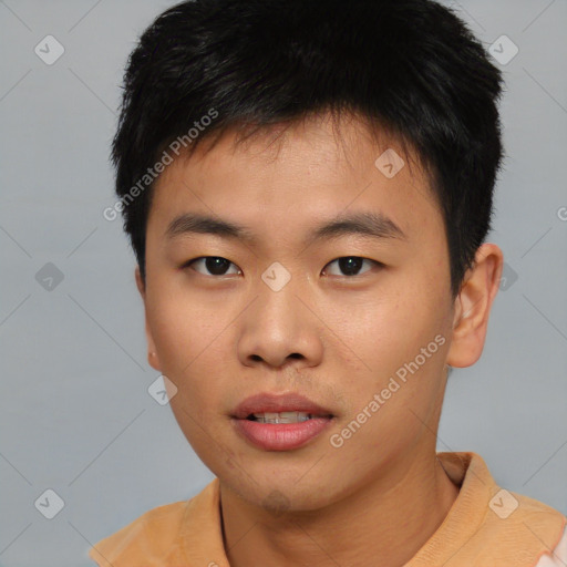 Neutral asian young-adult male with short  black hair and brown eyes