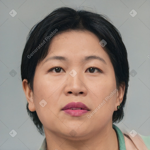 Neutral asian adult female with medium  brown hair and brown eyes