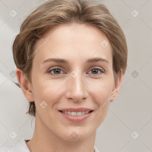 Joyful white young-adult female with medium  brown hair and grey eyes