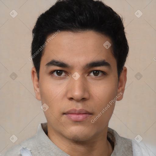 Neutral asian young-adult male with short  black hair and brown eyes