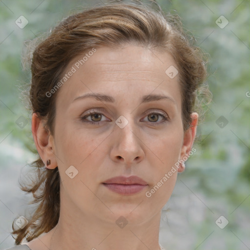 Joyful white young-adult female with medium  brown hair and green eyes