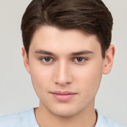 Neutral white young-adult male with short  brown hair and brown eyes