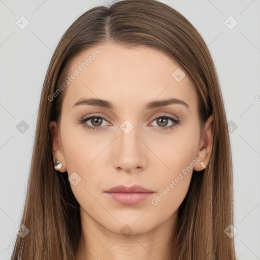 Neutral white young-adult female with long  brown hair and brown eyes