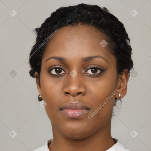 Neutral black young-adult female with short  black hair and brown eyes