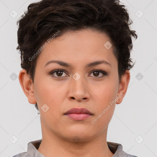 Neutral white young-adult female with short  brown hair and brown eyes