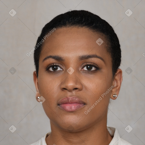 Neutral black young-adult female with short  black hair and brown eyes