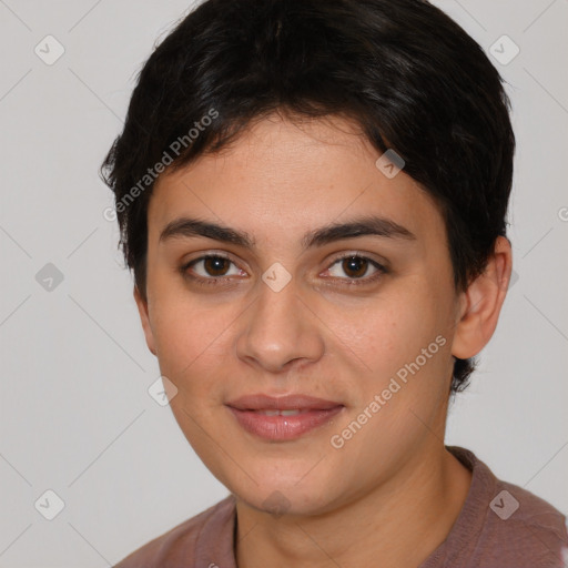 Joyful white young-adult female with short  brown hair and brown eyes