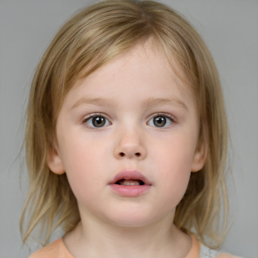 Neutral white child female with medium  brown hair and blue eyes