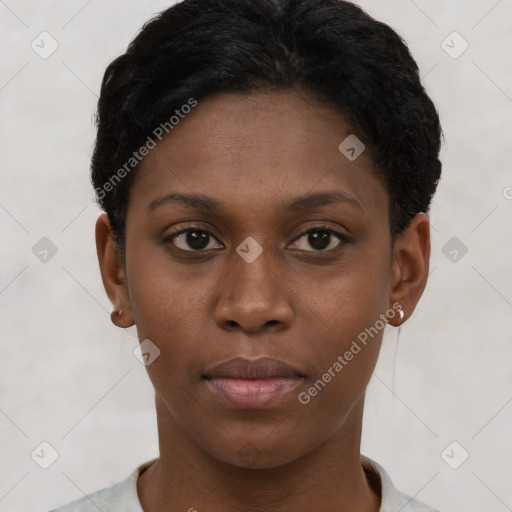 Neutral black young-adult female with short  brown hair and brown eyes