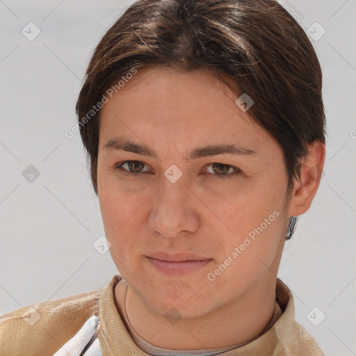 Joyful white young-adult female with short  brown hair and brown eyes