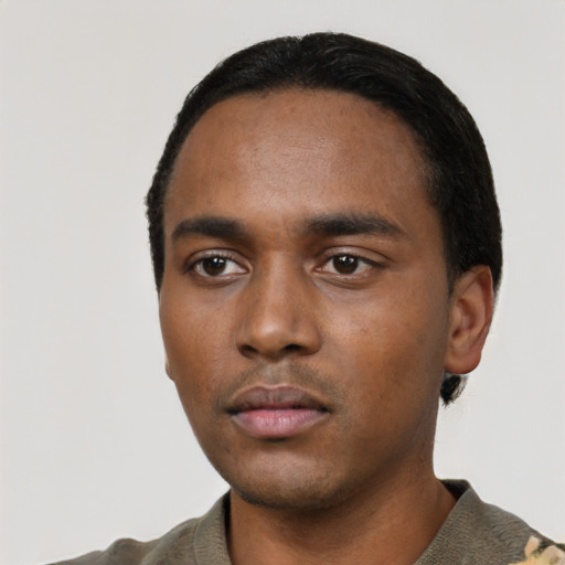 Neutral black young-adult male with short  black hair and brown eyes