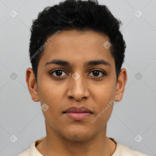 Neutral latino young-adult male with short  black hair and brown eyes