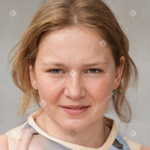 Joyful white young-adult female with medium  brown hair and blue eyes