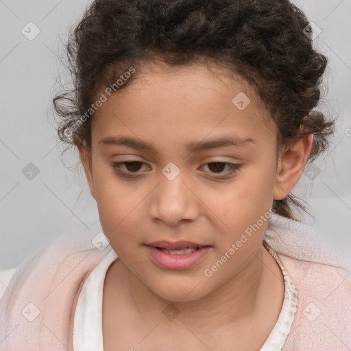 Joyful white child female with medium  brown hair and brown eyes