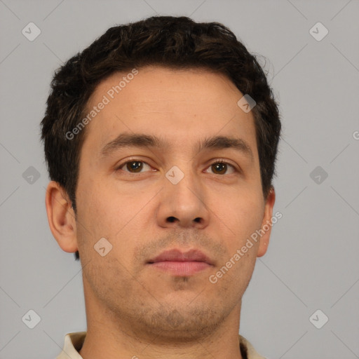 Neutral white young-adult male with short  brown hair and brown eyes