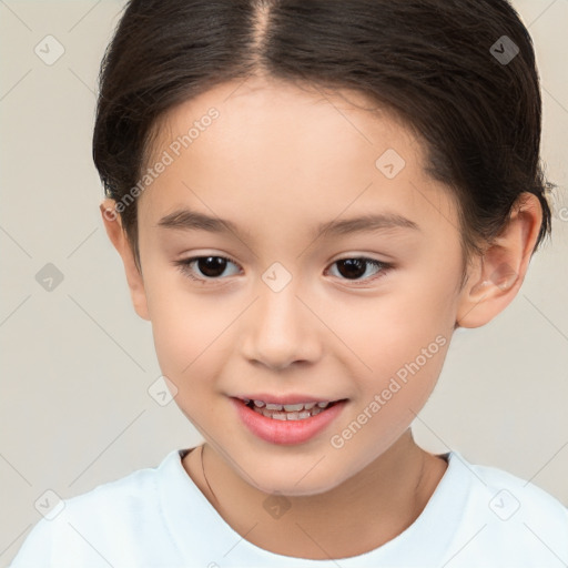 Joyful white child female with short  brown hair and brown eyes