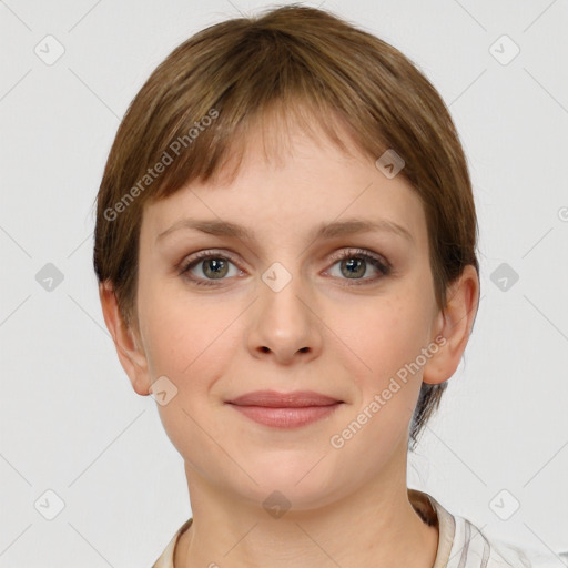 Joyful white young-adult female with medium  brown hair and grey eyes