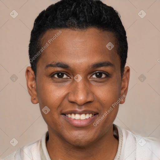 Joyful black young-adult male with short  black hair and brown eyes