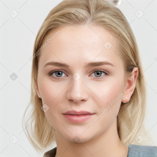 Joyful white young-adult female with medium  brown hair and blue eyes