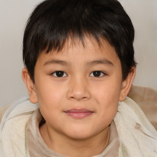 Joyful asian child male with short  brown hair and brown eyes