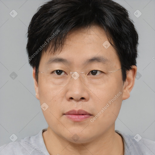 Neutral asian young-adult male with short  brown hair and brown eyes