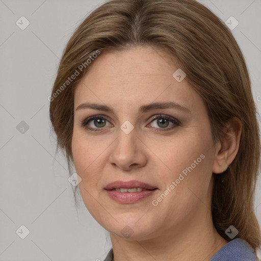 Joyful white young-adult female with medium  brown hair and grey eyes