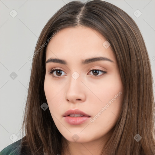 Neutral white young-adult female with long  brown hair and brown eyes