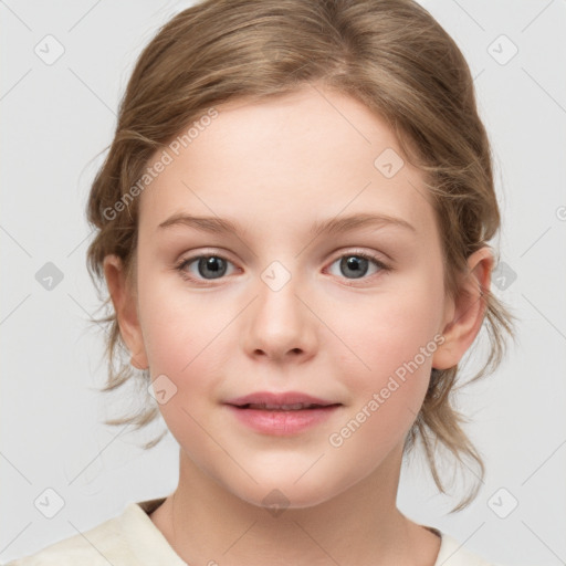 Joyful white child female with medium  brown hair and blue eyes