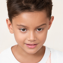 Joyful white child female with short  brown hair and brown eyes