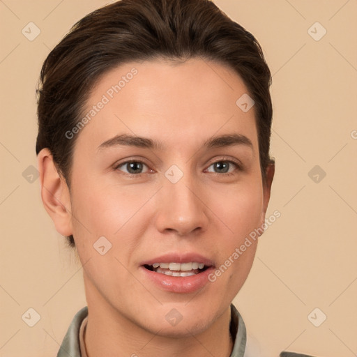 Joyful white young-adult female with short  brown hair and brown eyes