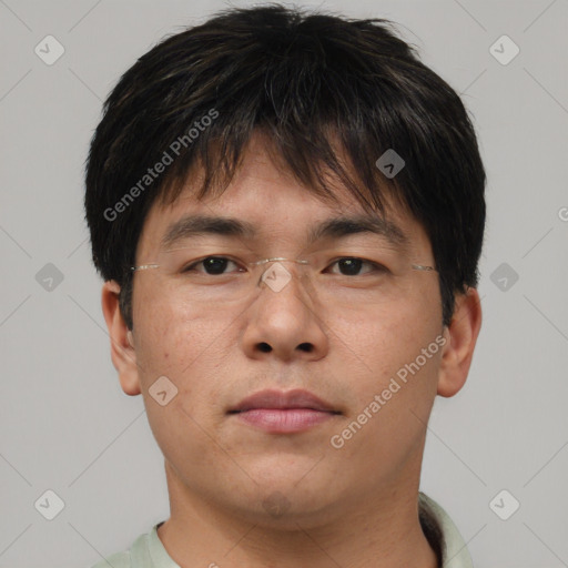 Neutral asian young-adult male with short  brown hair and brown eyes