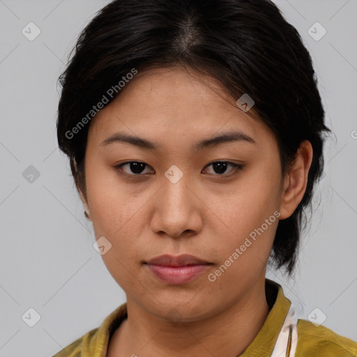 Neutral asian young-adult female with medium  brown hair and brown eyes